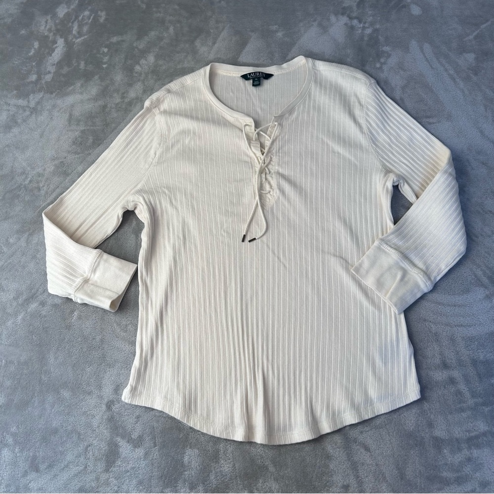 Ralph Lauren Long Sleeve Ribbed Shirt Womens XL White Tie Front Fairy Cottage